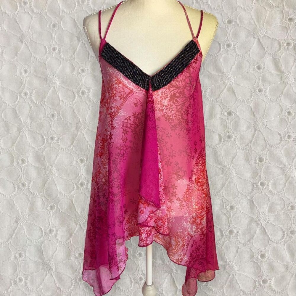 Vintage Y2K Dots Pink Beaded Ruffle Paisley Asymmetrical Hem Cami Fairy Top